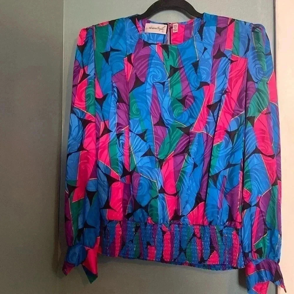 Vintage Adrianna Papell 100% silk blouse - 80s - size 10 - long sleeve